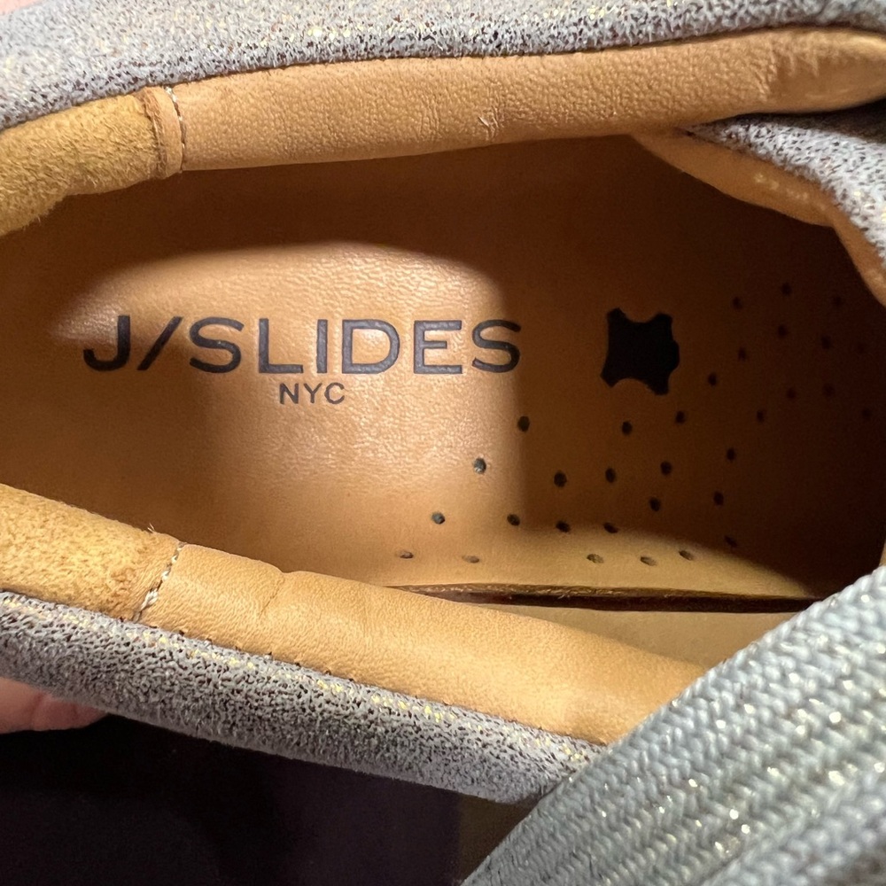J/SLIDES Gray with Gold Metallic Finish Lace Up Shoes Leather Upper Size 6 - Picture 3 of 14